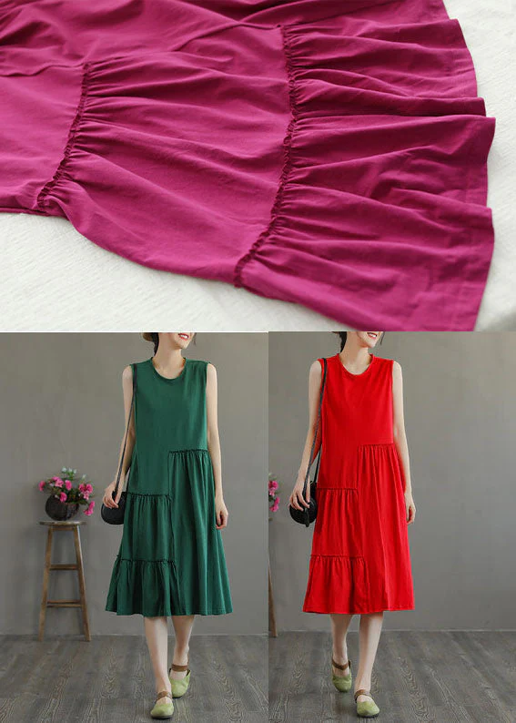 Green Patchwork Cotton Holiday Dress Wrinkled Sleeveless - Image 5