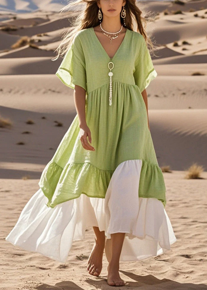Green Patchwork Cotton Long Dress Exra Large Hem Summer - Image 3