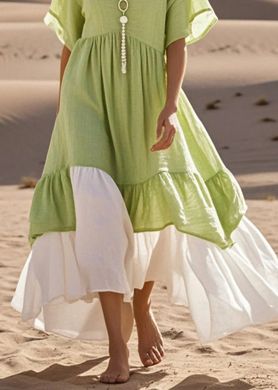 Green Patchwork Cotton Long Dress Exra Large Hem Summer - Image 4