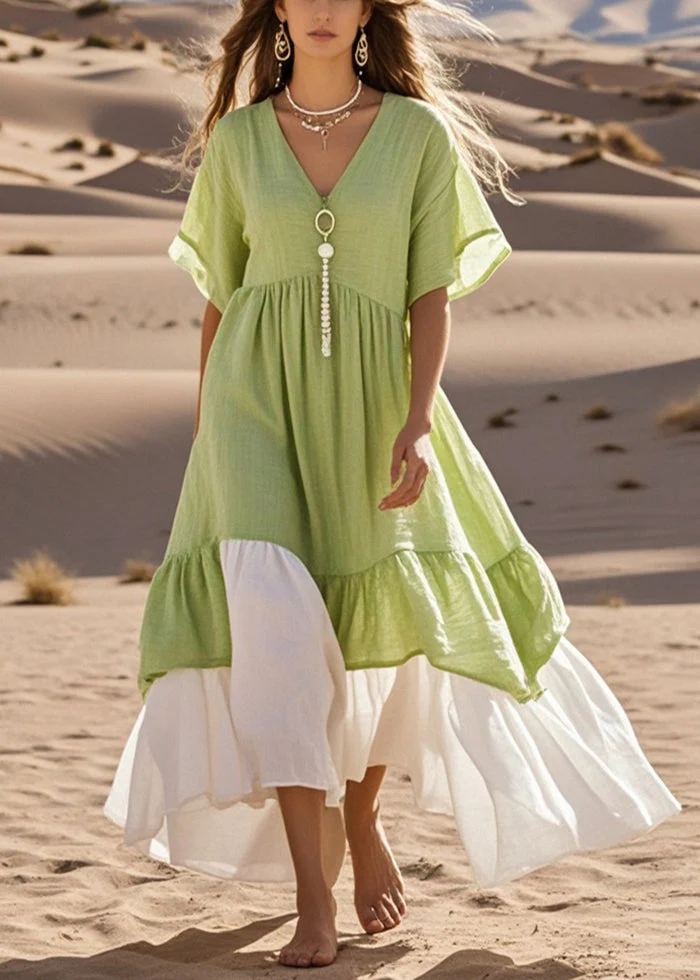 Green Patchwork Cotton Long Dress Exra Large Hem Summer - Image 5