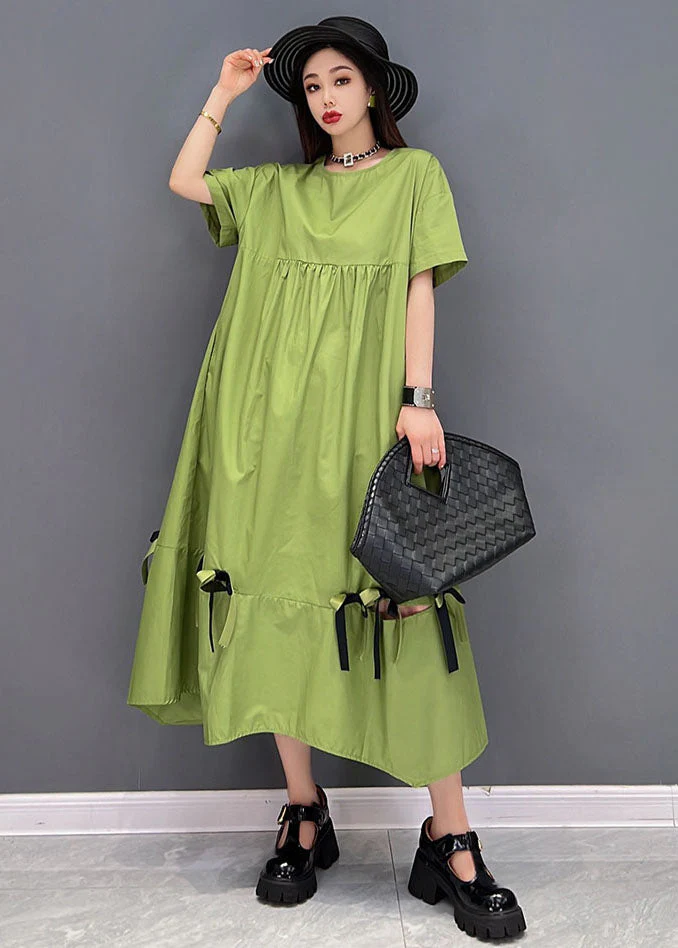 Green Patchwork Cotton Loose Dresses Solid Ruffles Short Sleeve - Image 2