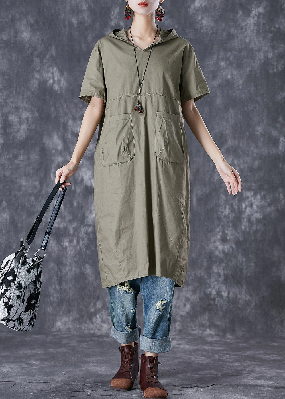 Green Patchwork Cotton Pullover Sweatshirt Dress Hooded Pockets Summer - Image 2