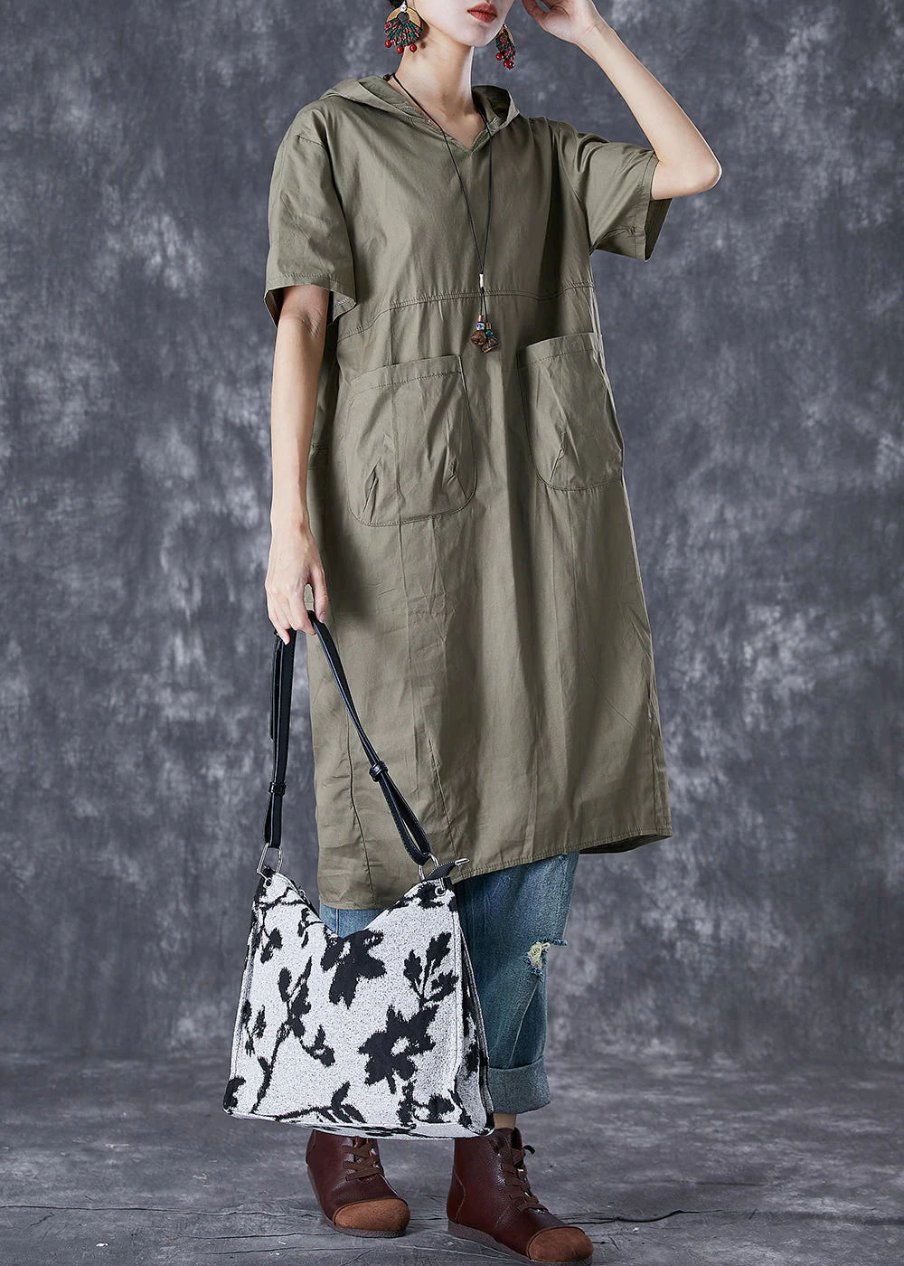Green Patchwork Cotton Pullover Sweatshirt Dress Hooded Pockets Summer - Image 3