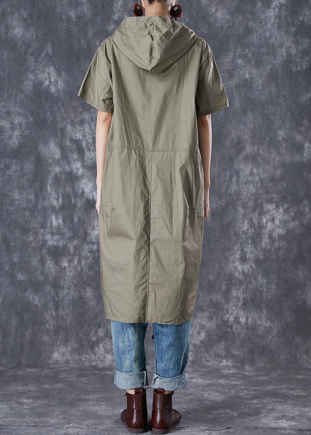 Green Patchwork Cotton Pullover Sweatshirt Dress Hooded Pockets Summer - Image 4