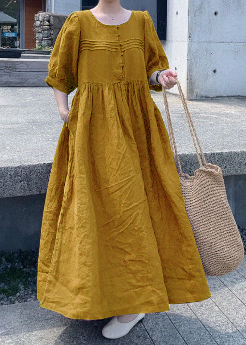 Green Patchwork Linen Dress O Neck Wrinkled Short Sleeve - Image 2