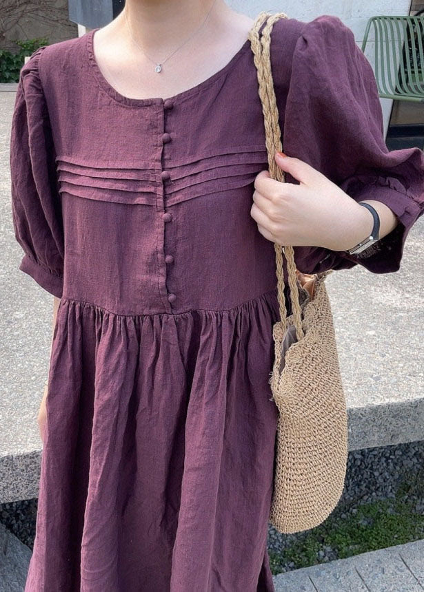 Green Patchwork Linen Dress O Neck Wrinkled Short Sleeve - Image 8