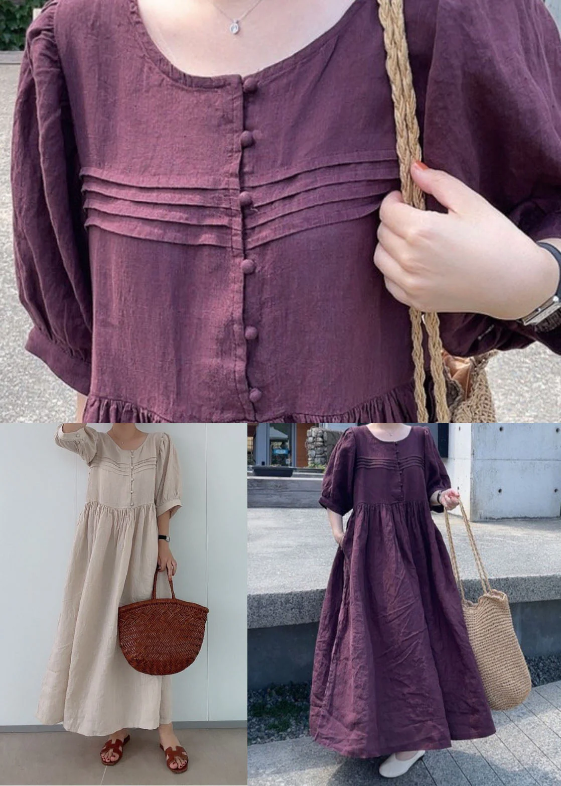 Green Patchwork Linen Dress O Neck Wrinkled Short Sleeve - Image 9