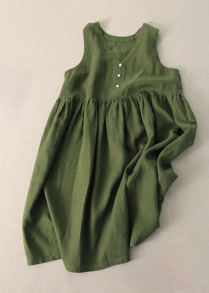 Green Patchwork Linen Dresses V Neck Wrinkled Sleeveless - Image 2