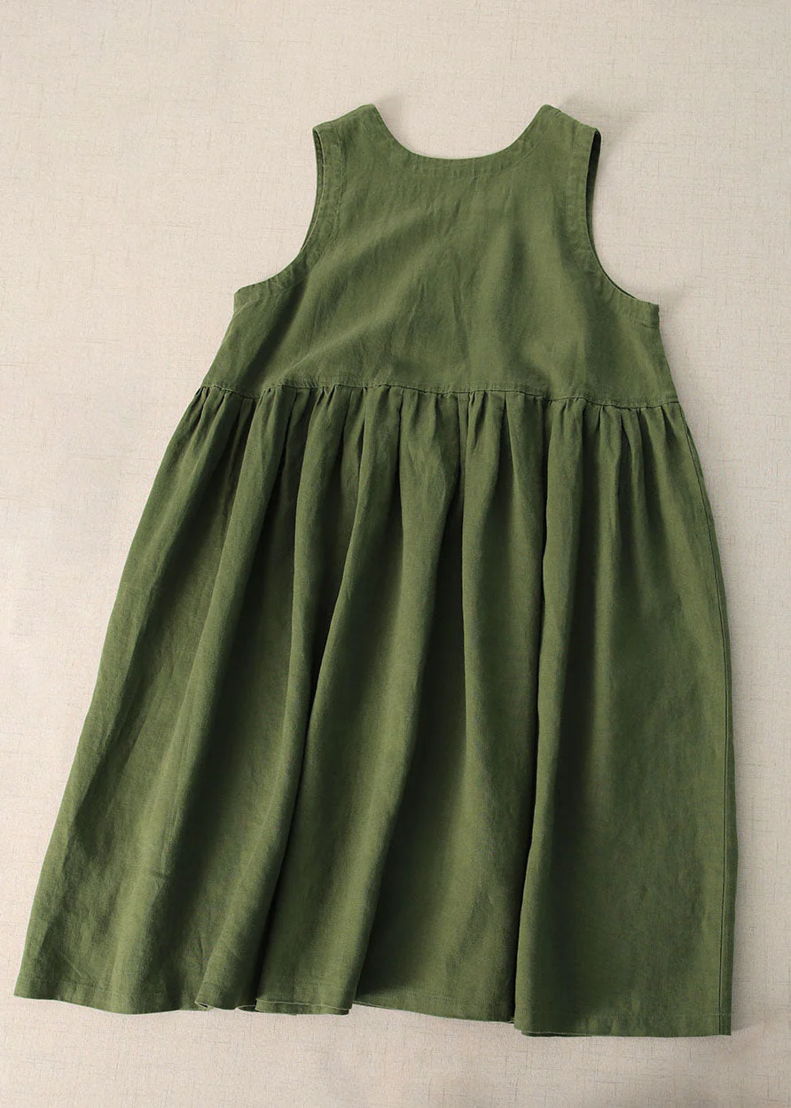 Green Patchwork Linen Dresses V Neck Wrinkled Sleeveless - Image 3