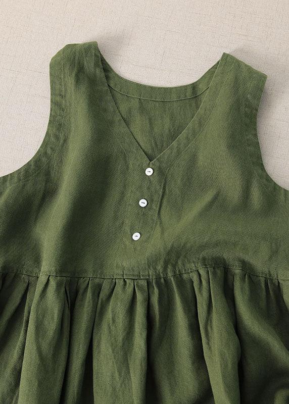 Green Patchwork Linen Dresses V Neck Wrinkled Sleeveless - Image 4