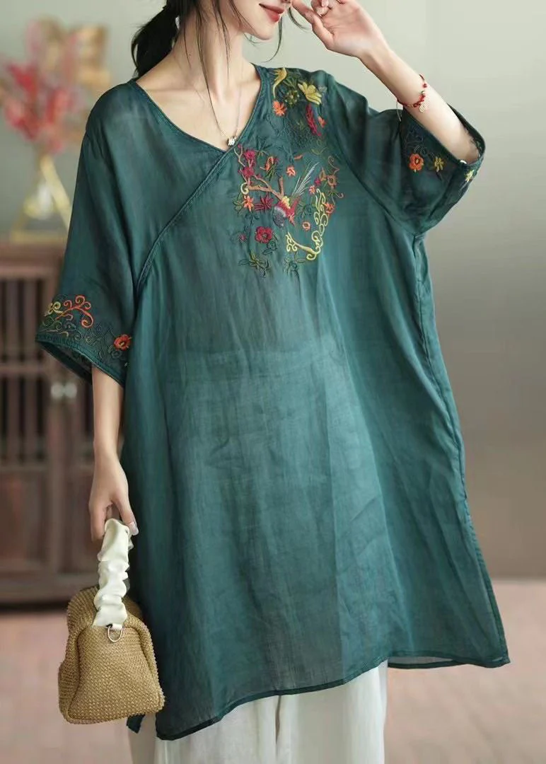 Green Patchwork Linen Mid Dress V Neck Embroideried Summer - Image 3