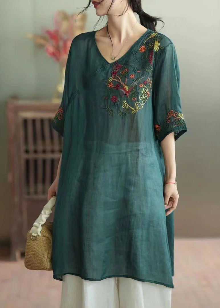 Green Patchwork Linen Mid Dress V Neck Embroideried Summer - Image 4