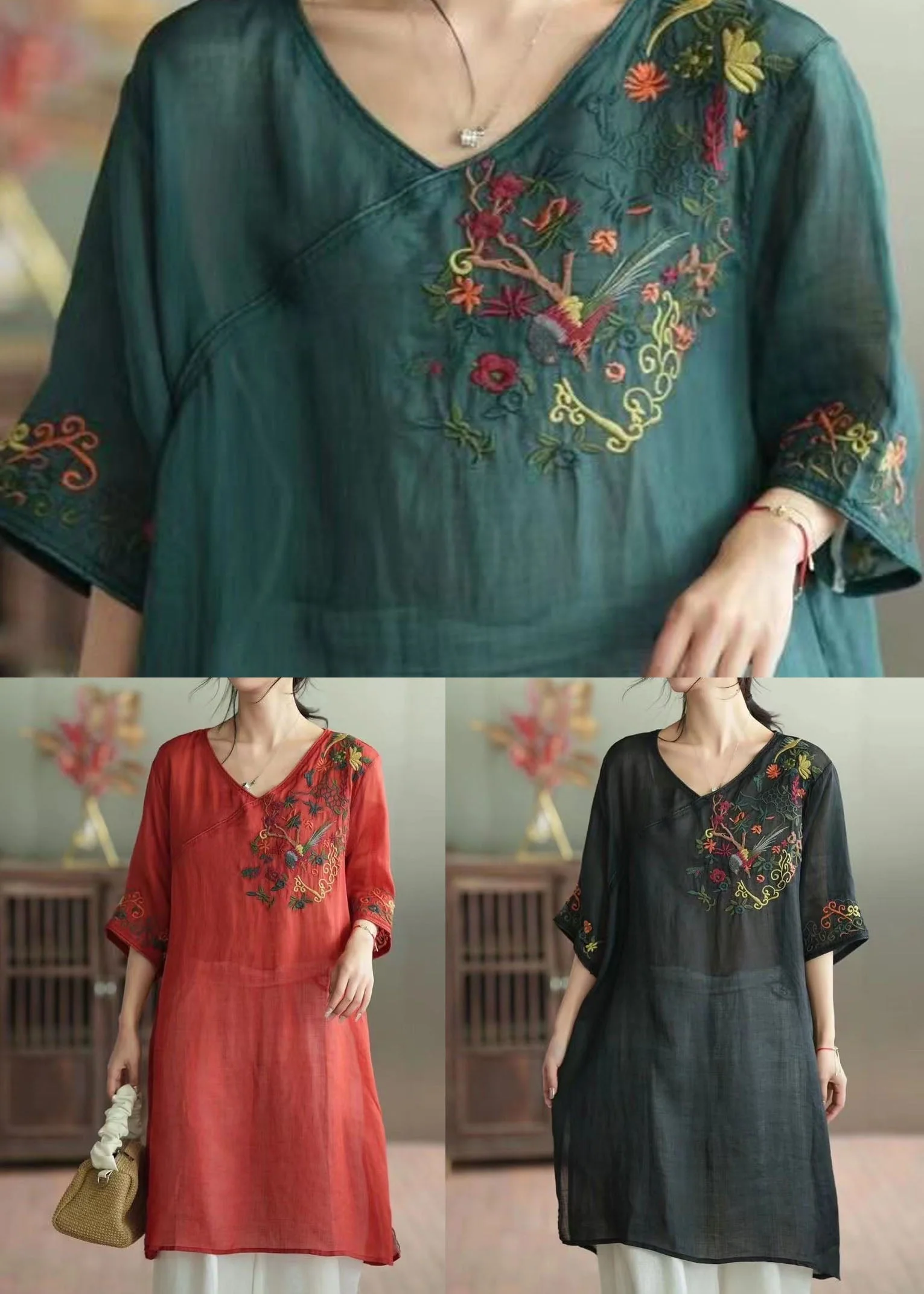 Green Patchwork Linen Mid Dress V Neck Embroideried Summer - Image 5