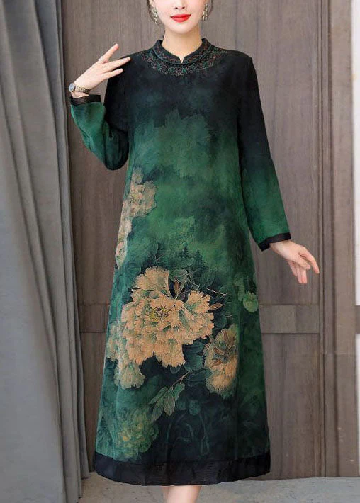 Green Patchwork Silk Chinese Style Dress Stand Collar Fall - Image 2