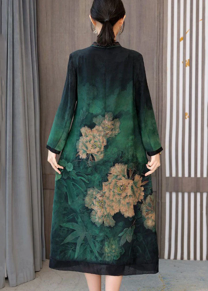 Green Patchwork Silk Chinese Style Dress Stand Collar Fall - Image 3
