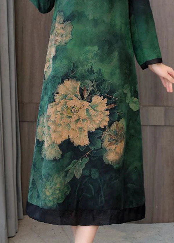 Green Patchwork Silk Chinese Style Dress Stand Collar Fall - Image 4