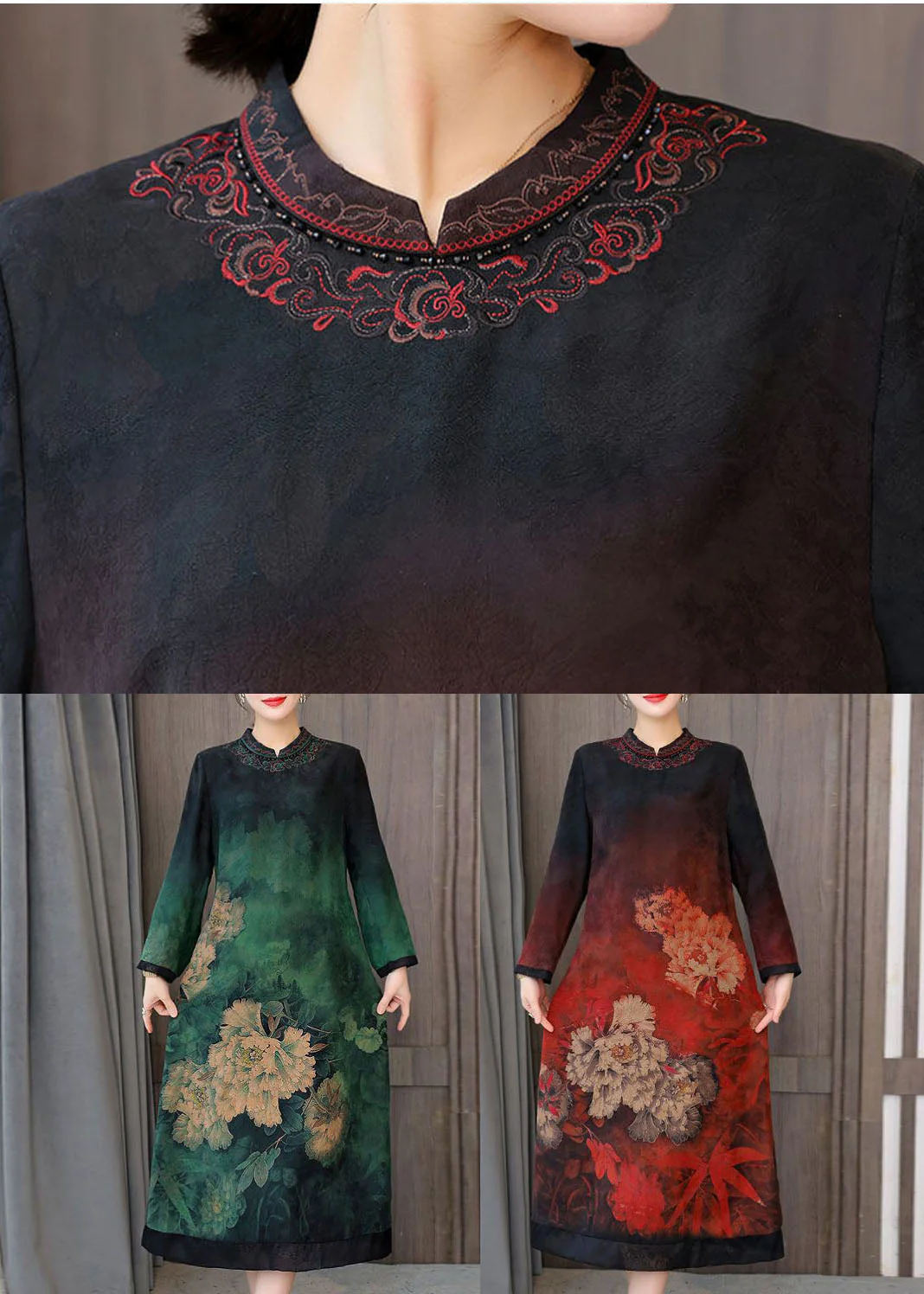 Green Patchwork Silk Chinese Style Dress Stand Collar Fall - Image 5