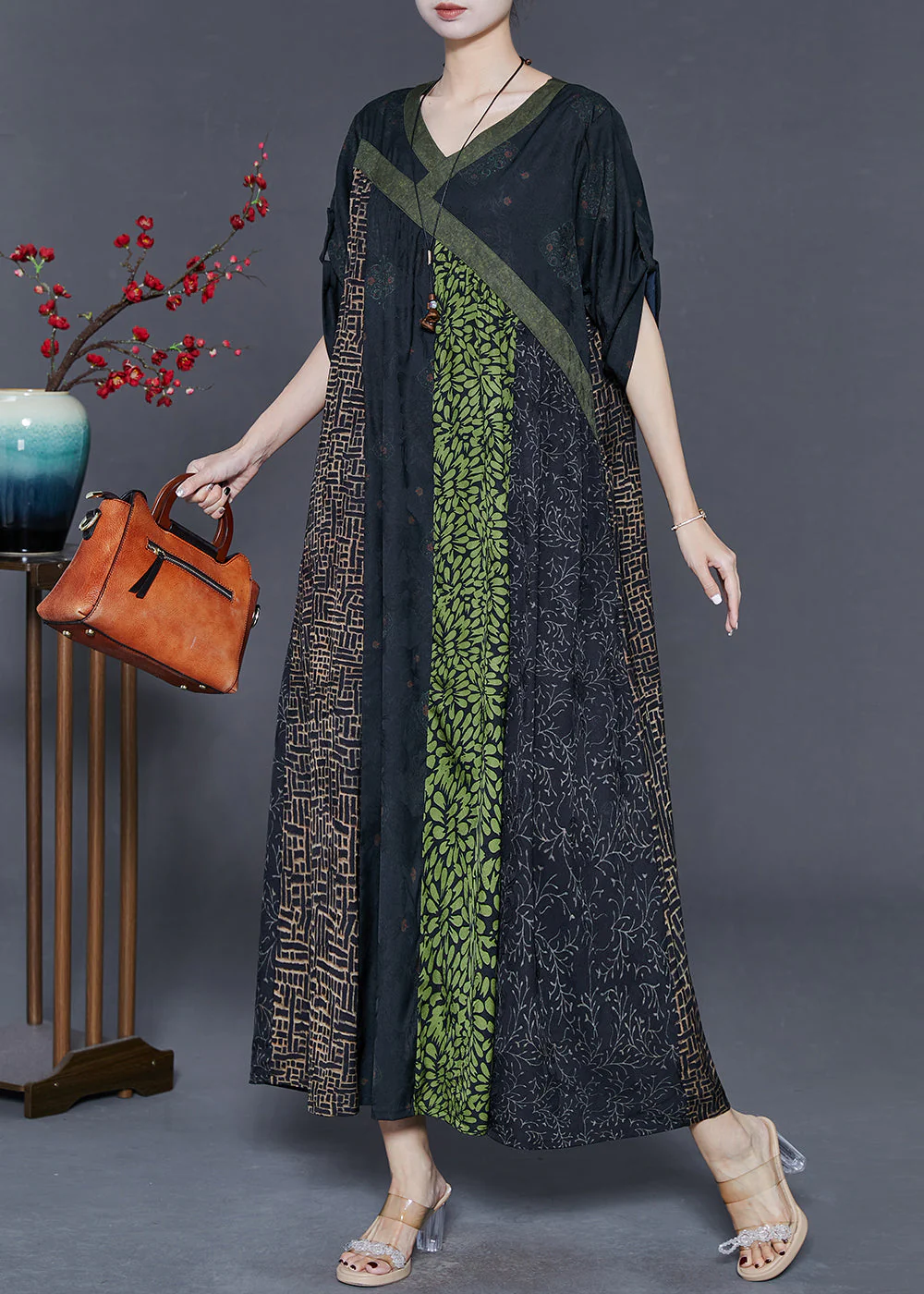 Green Patchwork Silk Holiday Dress Oversized Spring - Image 2