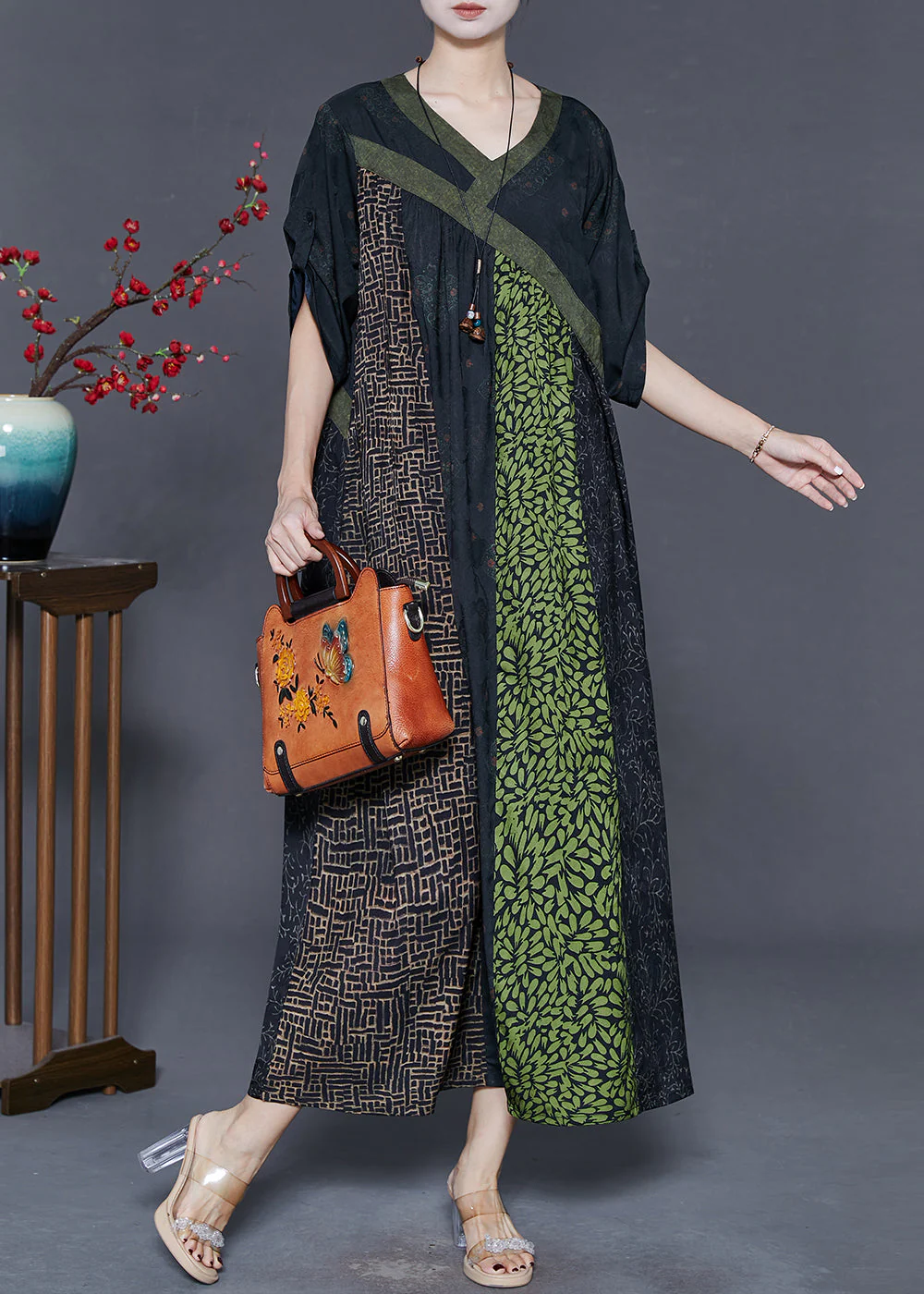 Green Patchwork Silk Holiday Dress Oversized Spring - Image 3