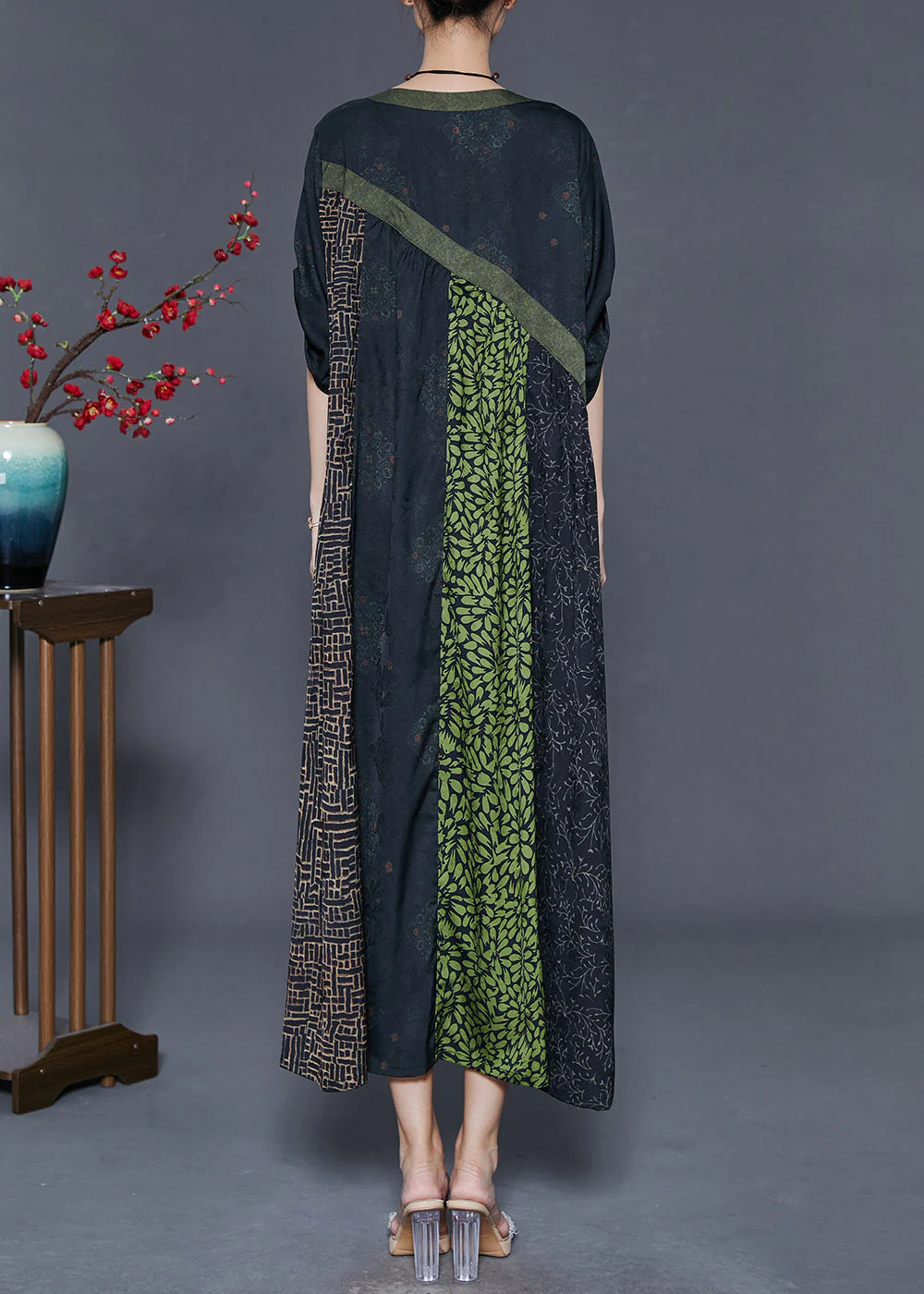Green Patchwork Silk Holiday Dress Oversized Spring - Image 4