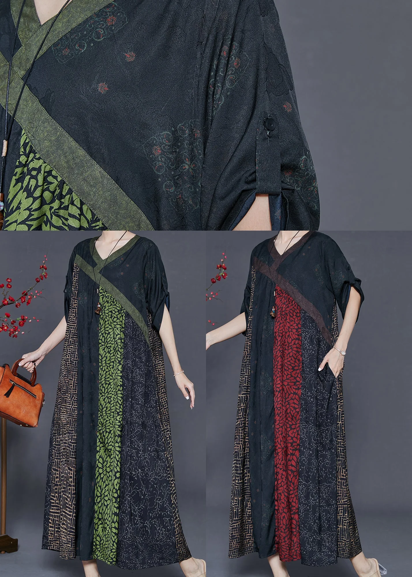 Green Patchwork Silk Holiday Dress Oversized Spring - Image 5