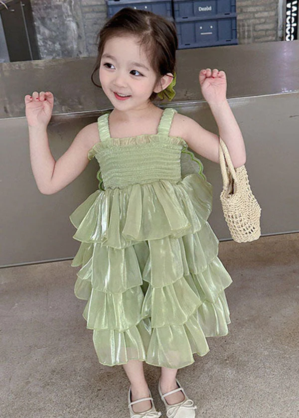 Green Patchwork Tulle Kids Girls Long Dresses Wrinkled Summer - Image 2