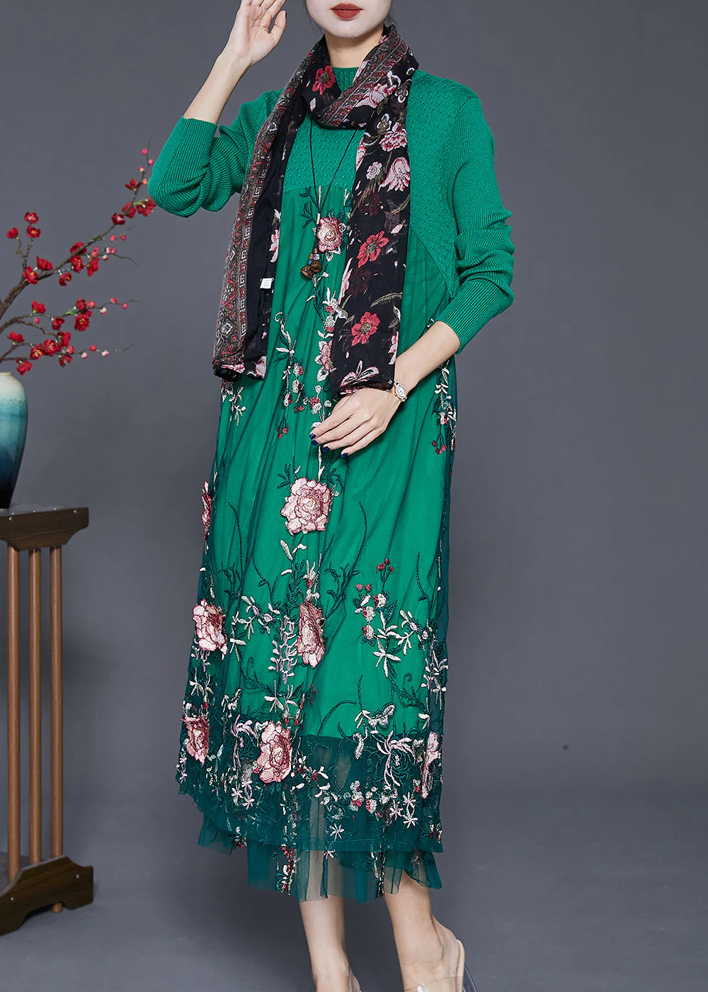 Green Patchwork Tulle Knit Dress Embroidered Fall - Image 2