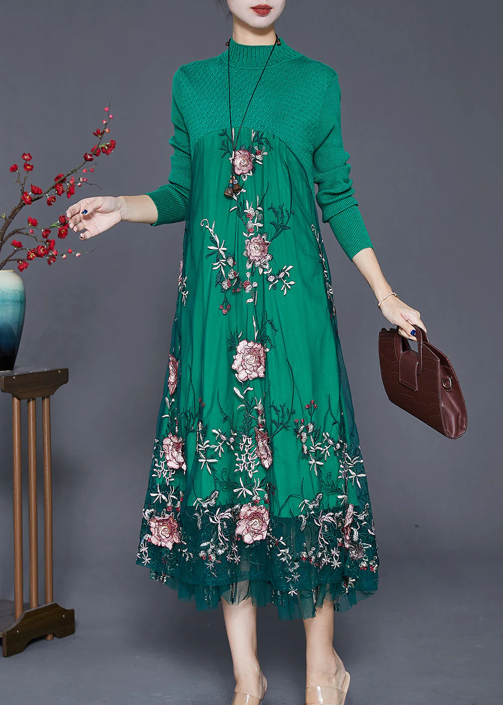 Green Patchwork Tulle Knit Dress Embroidered Fall - Image 3