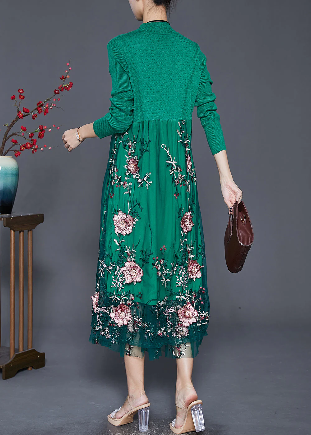 Green Patchwork Tulle Knit Dress Embroidered Fall - Image 4
