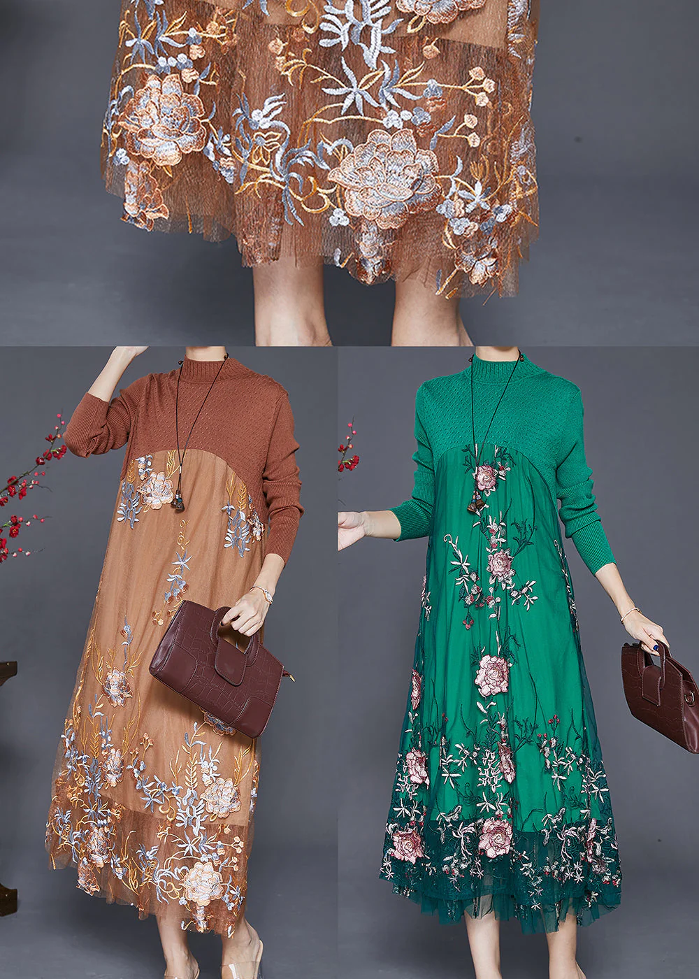 Green Patchwork Tulle Knit Dress Embroidered Fall - Image 5
