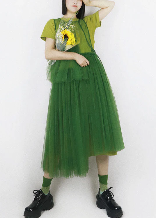 Green Patchwork Tulle Long Dress Hollow Out Solid Color Summer - Image 2