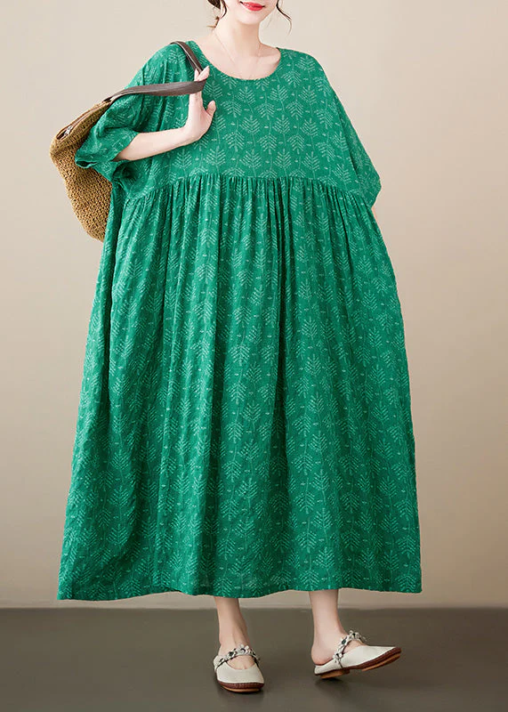 Green Patchwork Wrinkled Cozy Cotton Maxi Dresses Summer - Image 2