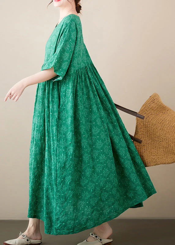 Green Patchwork Wrinkled Cozy Cotton Maxi Dresses Summer - Image 4