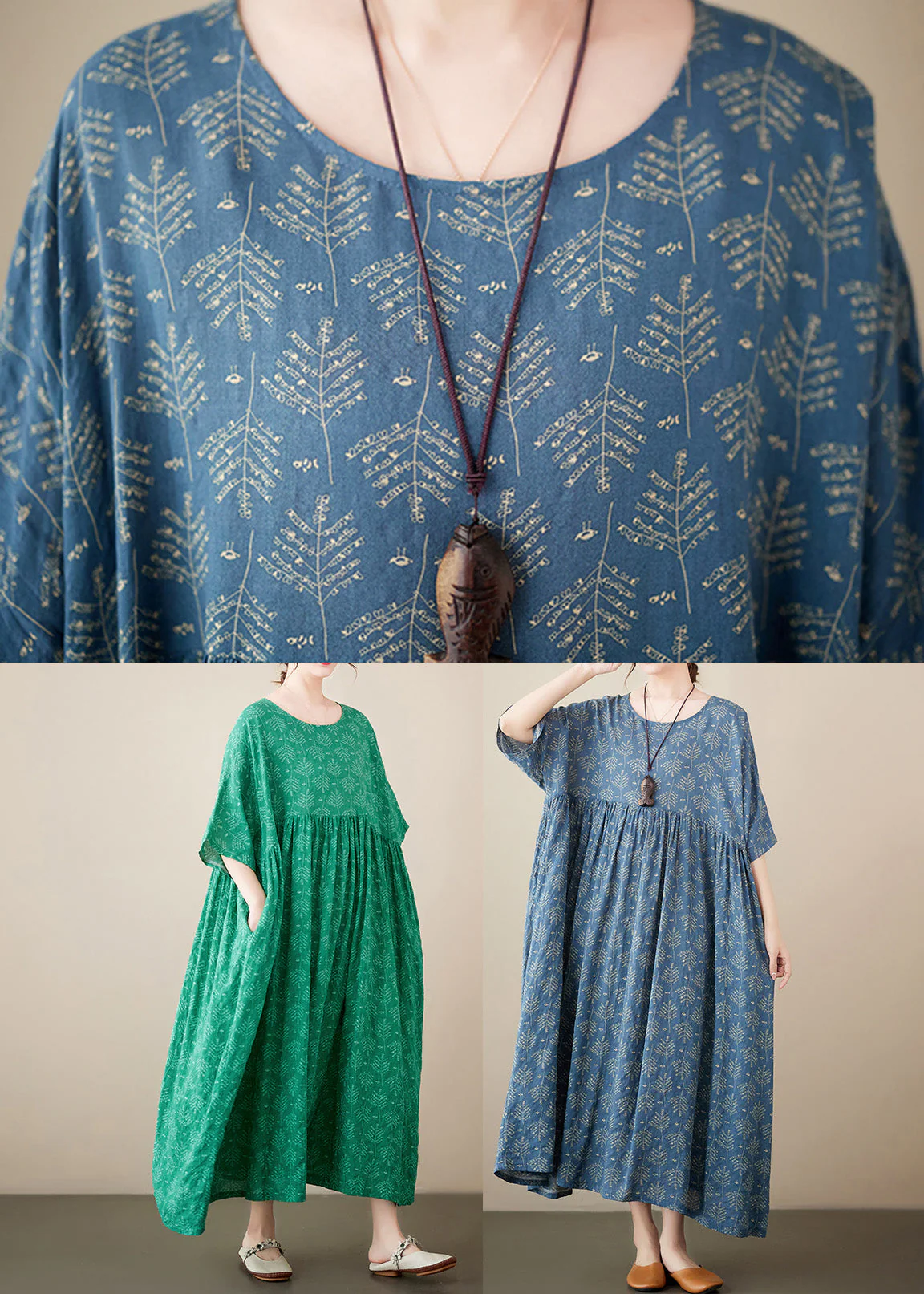 Green Patchwork Wrinkled Cozy Cotton Maxi Dresses Summer - Image 5
