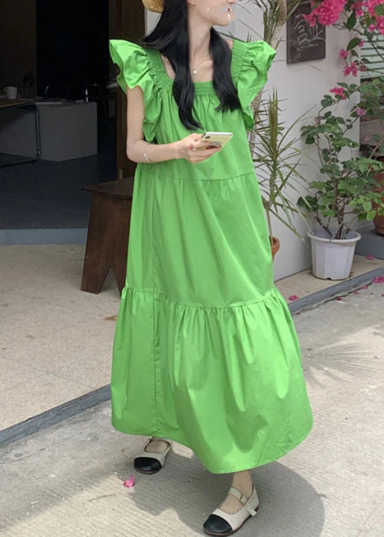 Green Patchwork Wrinkled Long Dresses Short Sleeve - Image 2