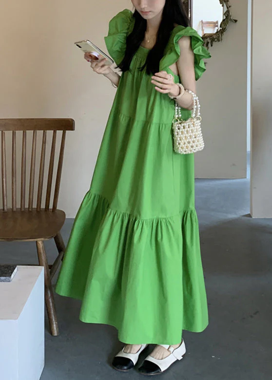 Green Patchwork Wrinkled Long Dresses Short Sleeve - Image 4