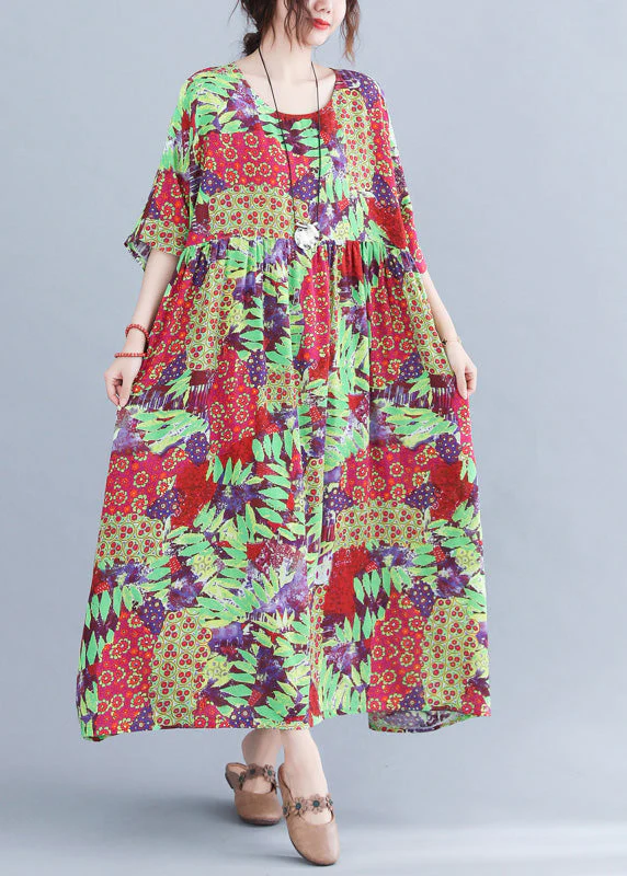 Green Patchwork Wrinkled Party Long Dress Short Sleeve - Image 2