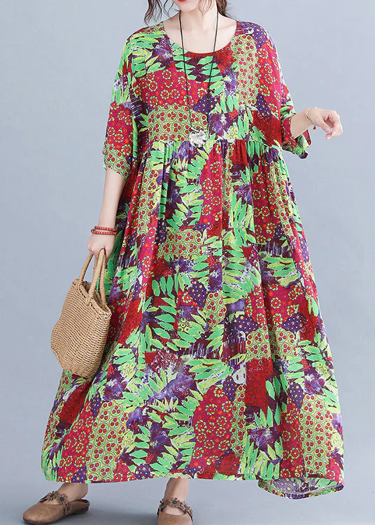 Green Patchwork Wrinkled Party Long Dress Short Sleeve - Image 3