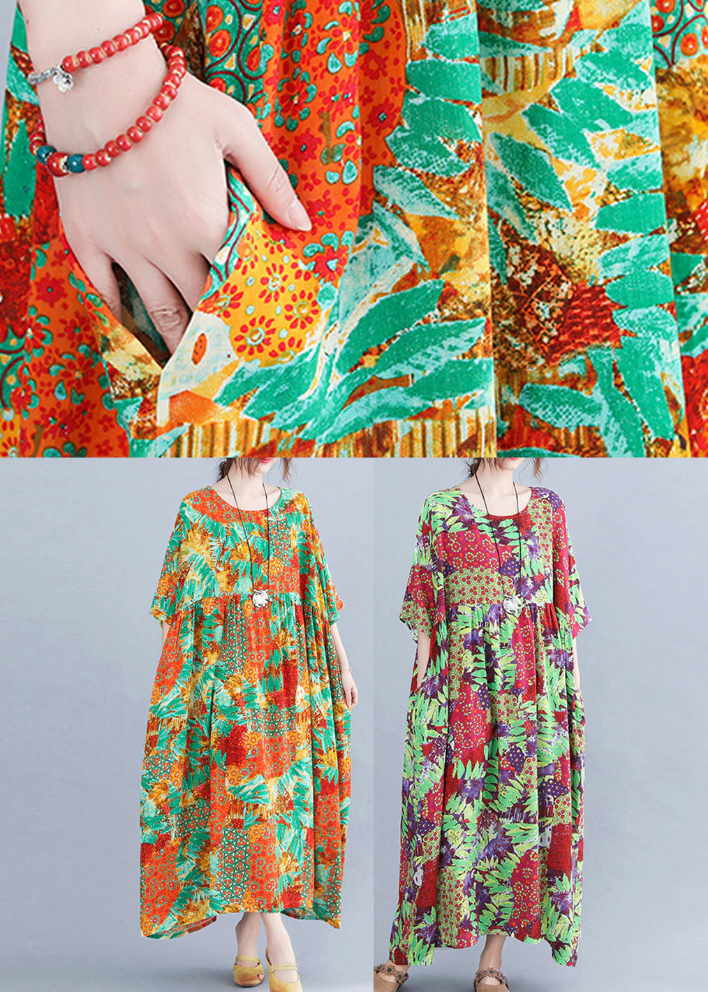 Green Patchwork Wrinkled Party Long Dress Short Sleeve - Image 5