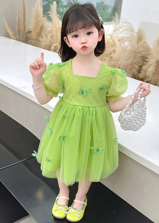 Green Patchwork Wrinkled Tulle Kids Maxi Dresses Short Sleeve - Image 2