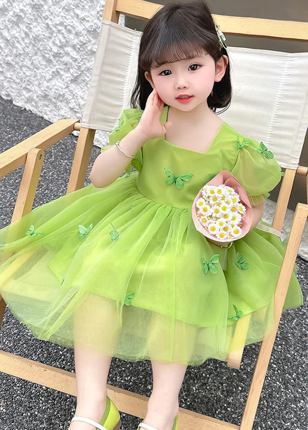 Green Patchwork Wrinkled Tulle Kids Maxi Dresses Short Sleeve - Image 3