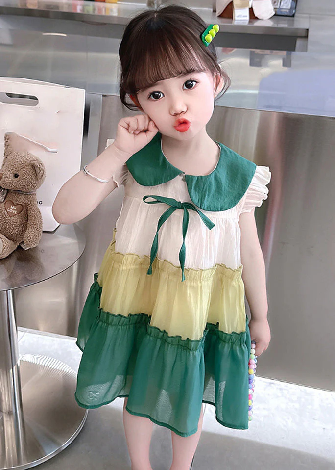 Green Peter Pan Collar Bow Cotton Girls Mid Dresses Summer - Image 2