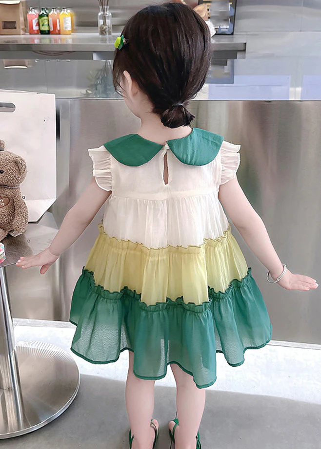 Green Peter Pan Collar Bow Cotton Girls Mid Dresses Summer - Image 3