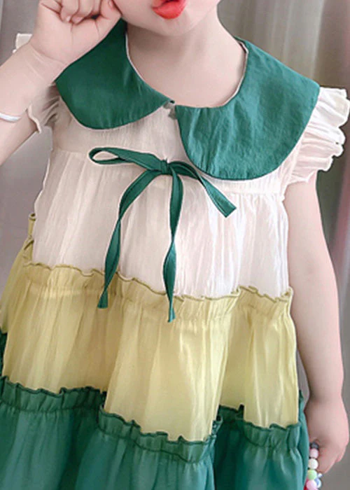 Green Peter Pan Collar Bow Cotton Girls Mid Dresses Summer - Image 4