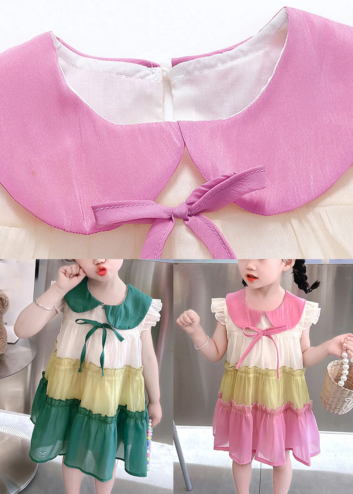 Green Peter Pan Collar Bow Cotton Girls Mid Dresses Summer - Image 5