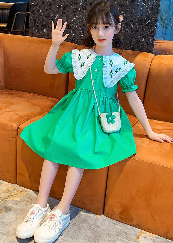 Green Peter Pan Collar Button Cotton Kids Mid Dresses Peter Pan Collar Summer - Image 2