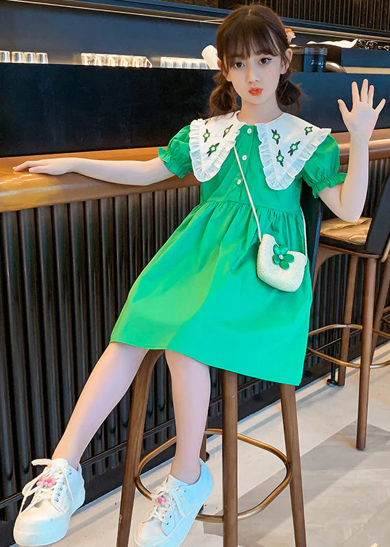 Green Peter Pan Collar Button Cotton Kids Mid Dresses Peter Pan Collar Summer - Image 3