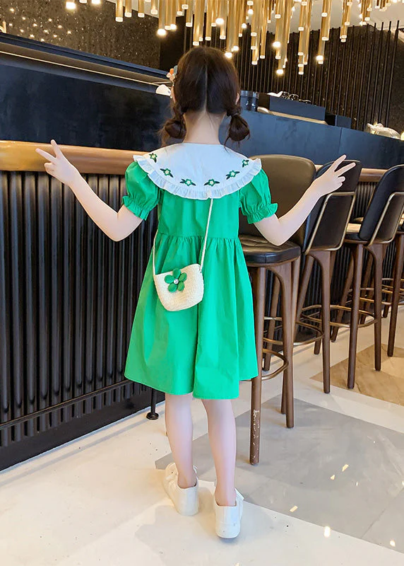 Green Peter Pan Collar Button Cotton Kids Mid Dresses Peter Pan Collar Summer - Image 4