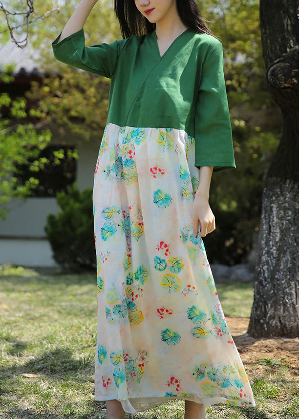 Green Pockets Patchwork Cotton Dresses V Neck Bracelet Sleeve - Image 2