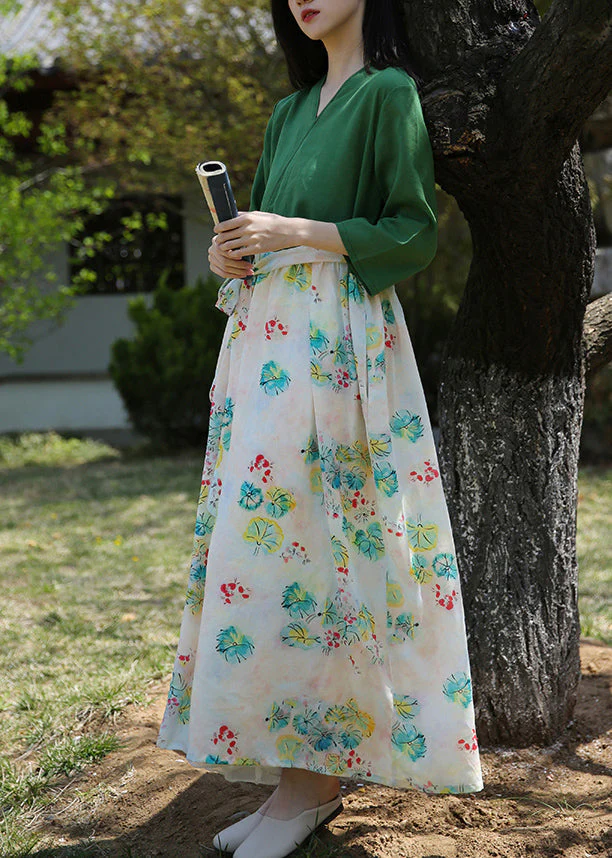 Green Pockets Patchwork Cotton Dresses V Neck Bracelet Sleeve - Image 3